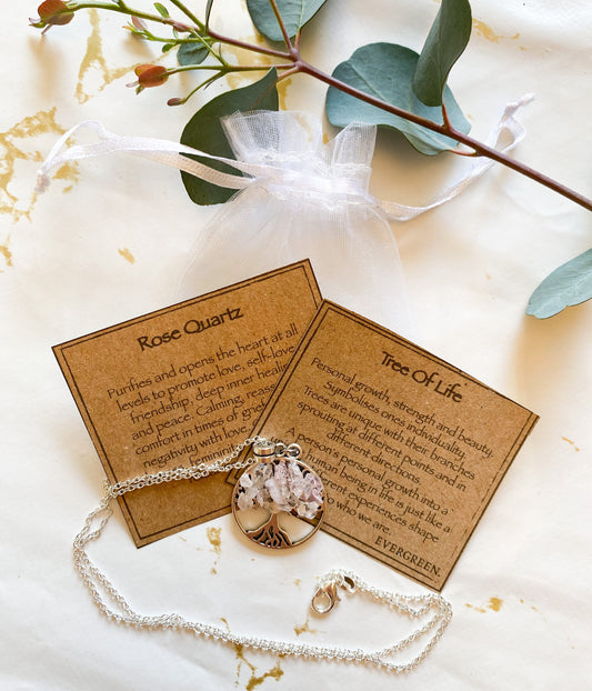 Rose Quartz Crystal Tree Of Life Pendant - Growth, Strength, Beauty