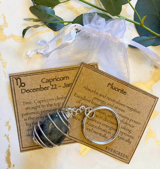 Capricorn Zodiac Fluorite Crystal Keychain Gift Set