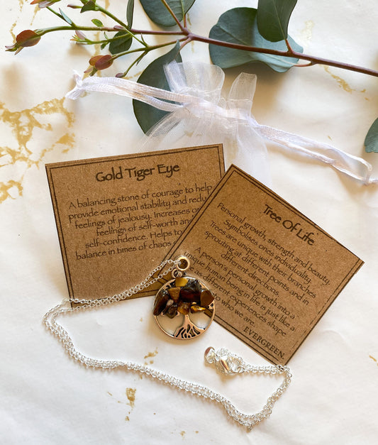 Gold Tiger Eye Crystal Tree Of Life Pendant - Growth, Strength, Beauty