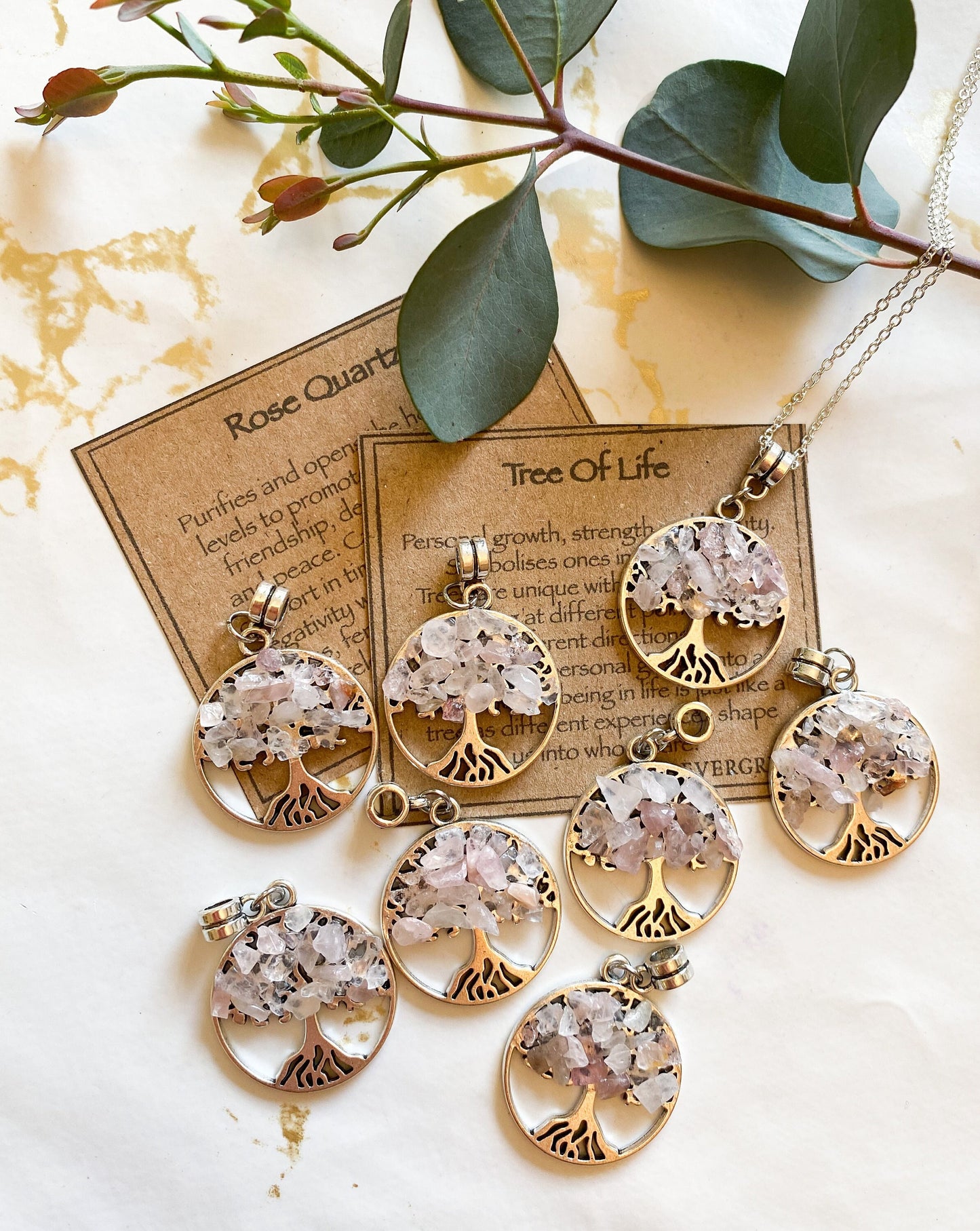 Rose Quartz Crystal Tree Of Life Pendant - Growth, Strength, Beauty