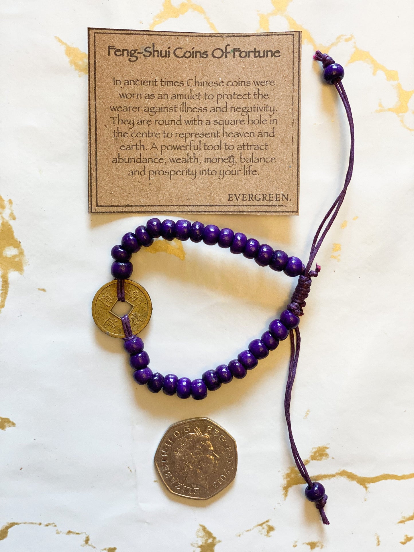 Purple Feng-Shui Coins Of Fortune Beaded Bracelet - Protection & Prosperity