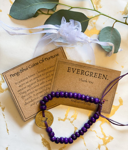 Purple Feng-Shui Coins Of Fortune Beaded Bracelet - Protection & Prosperity
