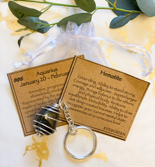 Aquarius Zodiac Magnetic Hematite Crystal Keychain Gift Set
