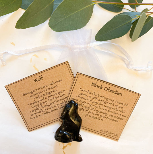 Hand Carved Black Obsidian Crystal Wolf - Protection, Freedom & Good Fortune