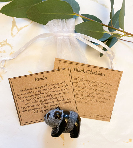 Hand Carved Black Obsidian Crystal Panda - Playfulness, Wealth & Good Fortune