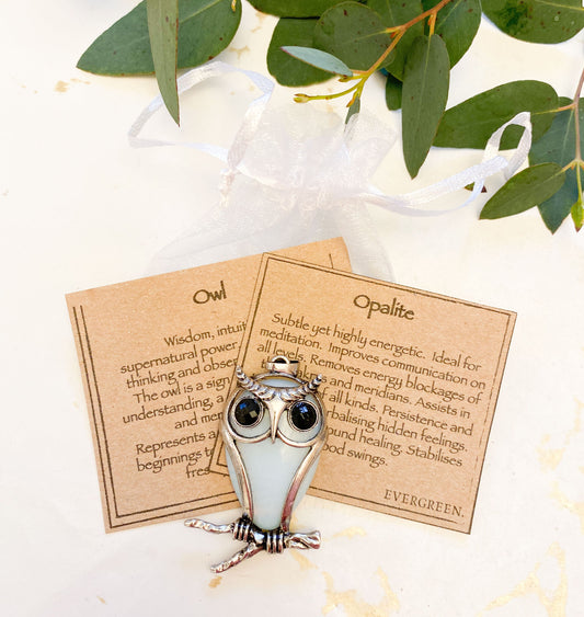 Rose Quartz / Opalite Crystal Owl Pendant - Wisdom, Intuition & Change