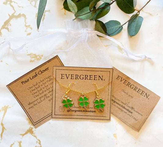 Four Leaf Clover Handmade Earrings / Necklace Gift Sets - Luck, Hope & Faith