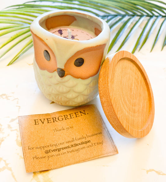 Owl Natural Fragrance Soy Wax Candle & Wooden Coaster - Wide Variety Available!