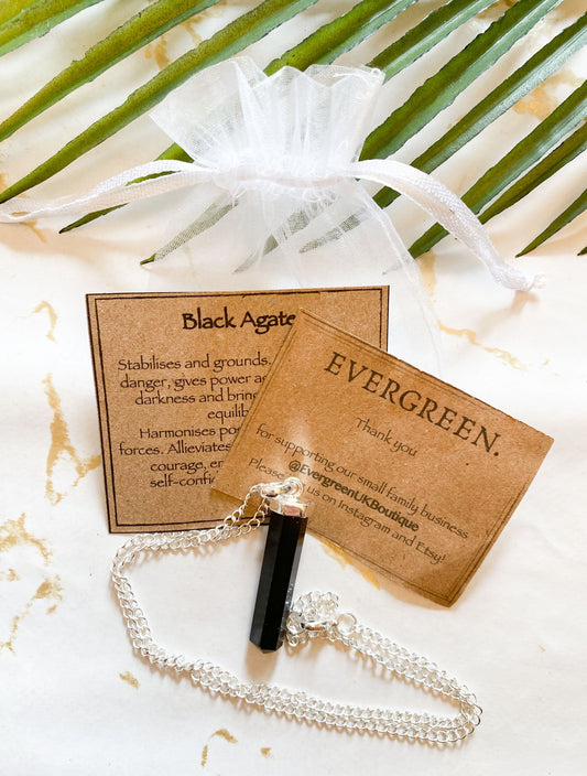 Black Agate Crystal Pendant And Chain - Stability, Protection & Strength