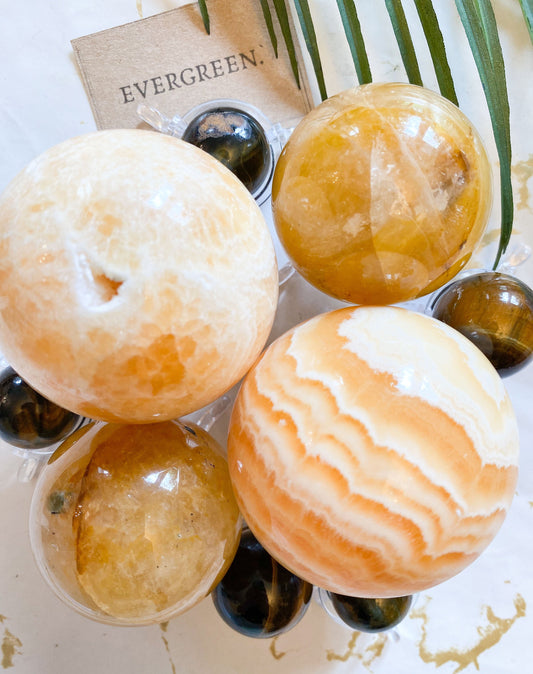 Yellow / Gold Crystal Spheres - Quartz, Tiger Eye, Calcite