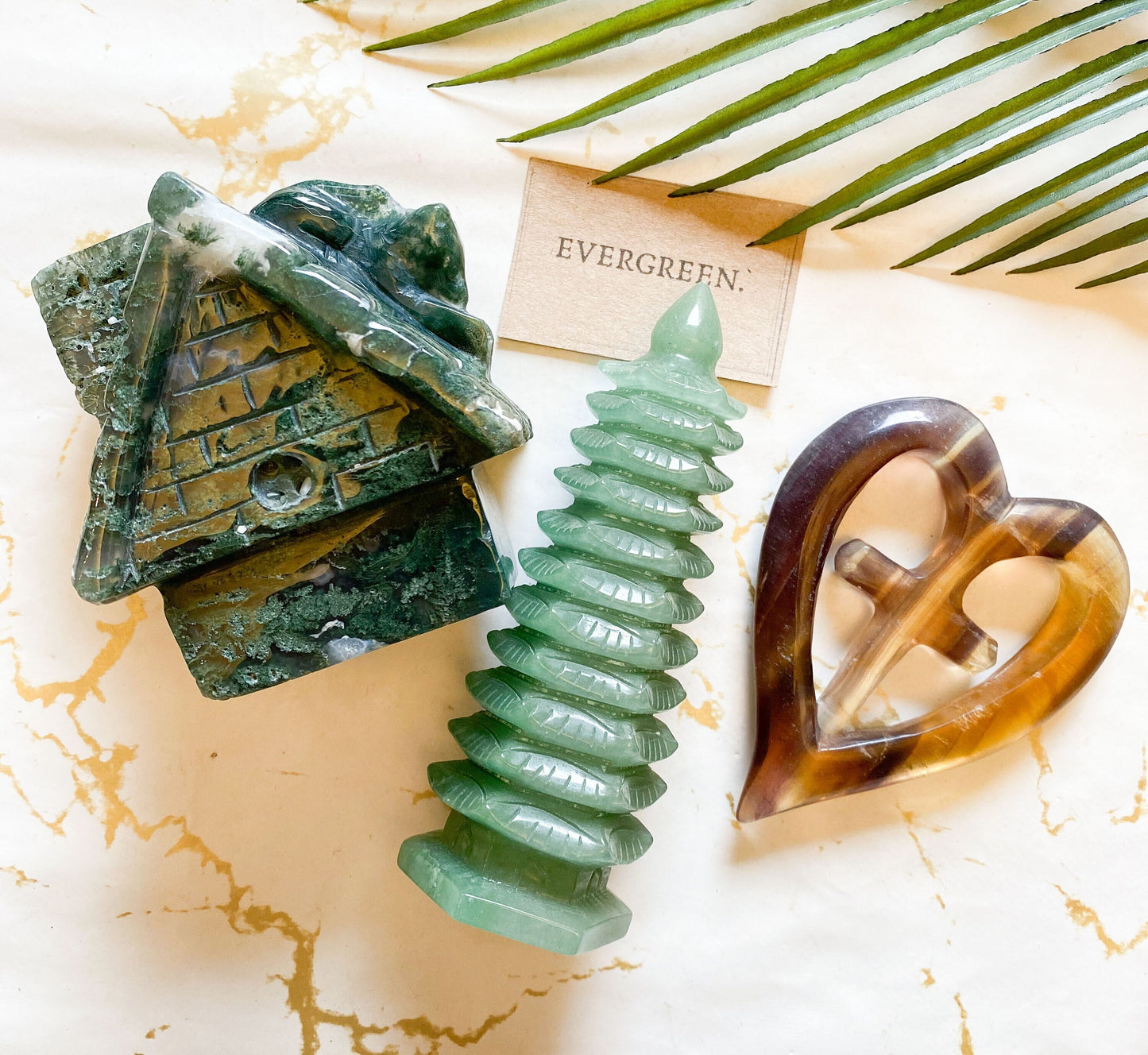 Crystal Carvings House, Pagoda, Heart & Cross - Aventurine, Agate, Fluorite