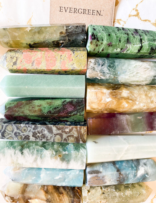 Green / Gold / Purple Crystal Towers & Obelisks - Fluorite, Jasper, Ammonite, Dragon Blood, Mica, Aventurine, Prehnite