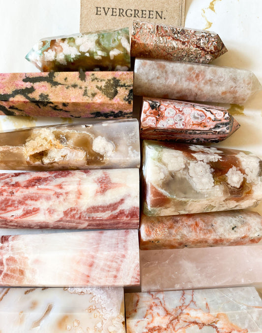 Pink / Red / Green Crystal Towers & Obelisks - Agate, Rhodonite, Quartz, Calcite, Sunstone