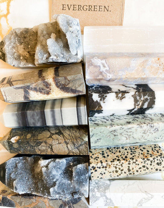 Black / White Crystal Towers & Obelisks - Jade, Agate, Jasper, Selenite, Sphalerite, Marcasite, Howlite, Sectarian