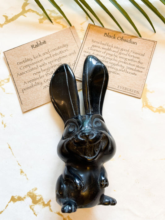 Black Obsidian Crystal Rabbit - Good Fortune, Protection & Luck