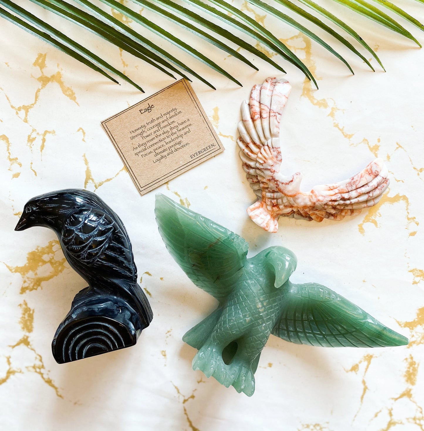Crystal Eagle / Bird Carving - Red Network, Black Obsidian, Green Aventurine