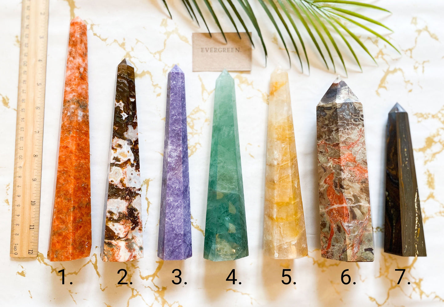 Crystal Towers & Obelisks - Sunstone / Moss Agate / Purple Lepiodilite / Green Fluorite / Yellow Fire Quartz / Money Agate / Iron Tiger Eye