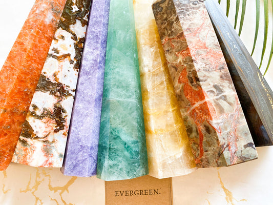 Crystal Towers & Obelisks - Sunstone / Moss Agate / Purple Lepiodilite / Green Fluorite / Yellow Fire Quartz / Money Agate / Iron Tiger Eye