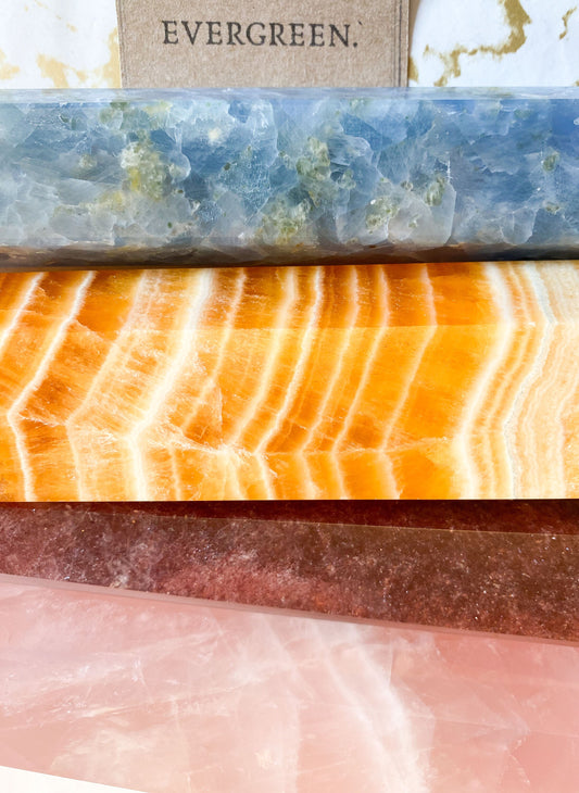 Extra Large Quartz & Calcite Crystal Towers + Obelisks - Rose Quartz, Strawberry Quartz, Blue Calcite, Yellow Calcite