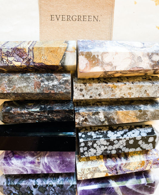 Black / Purple Crystal Towers & Obelisks - Garnet, Larvikite, Obsidian, Agate, Amethyst, Yooperlite, Fluorite, Indigo Gabbro