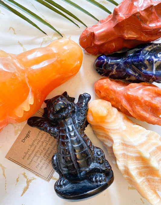 Crystal Dragon Skull Carving - Sodalite, Jasper, Calcite. Labradorite, Obsidian, Sunstone