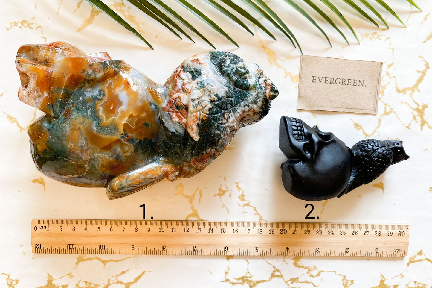 Owl / Bird & Skull Crystal Carvings - Red Moss Agate, Black Obsidian