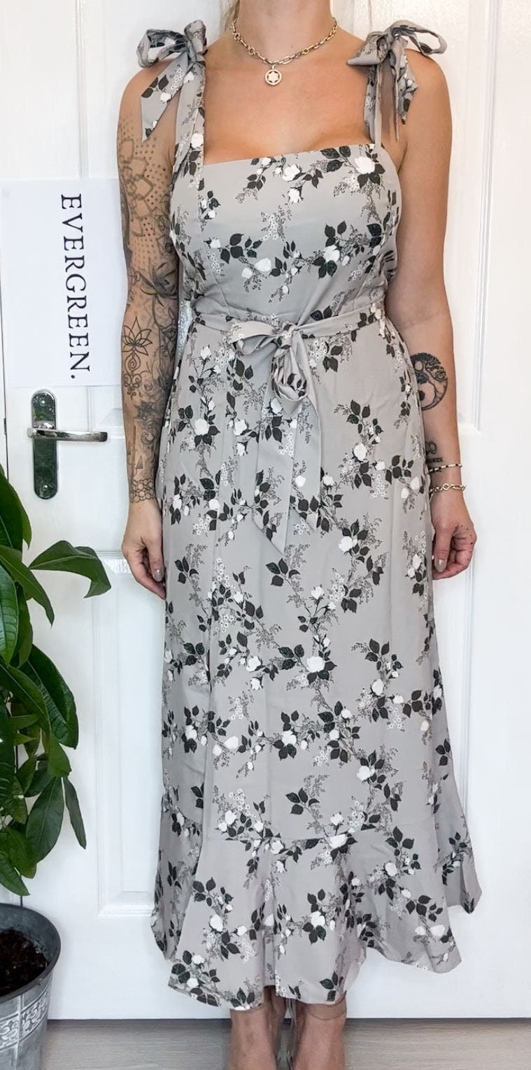Dove Grey Ladies Side Split Floral Print Maxi Dress