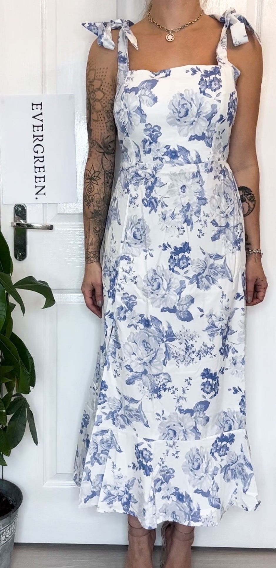 Blue & White Floral Shoulder Bow Tie Detail Maxi Dress