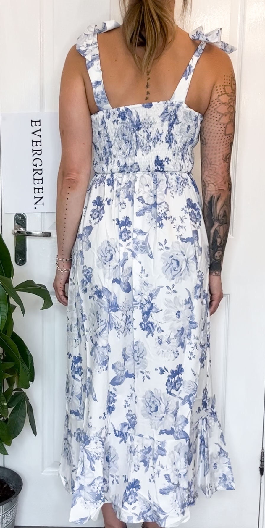 Blue & White Floral Shoulder Bow Tie Detail Maxi Dress