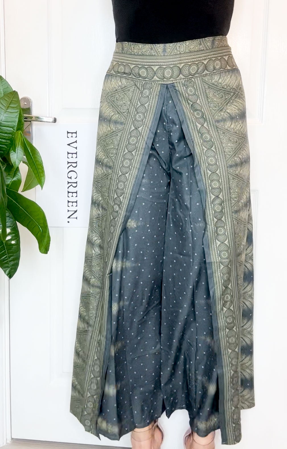 Dark Green Ornate Print Wrap Trousers Skirt