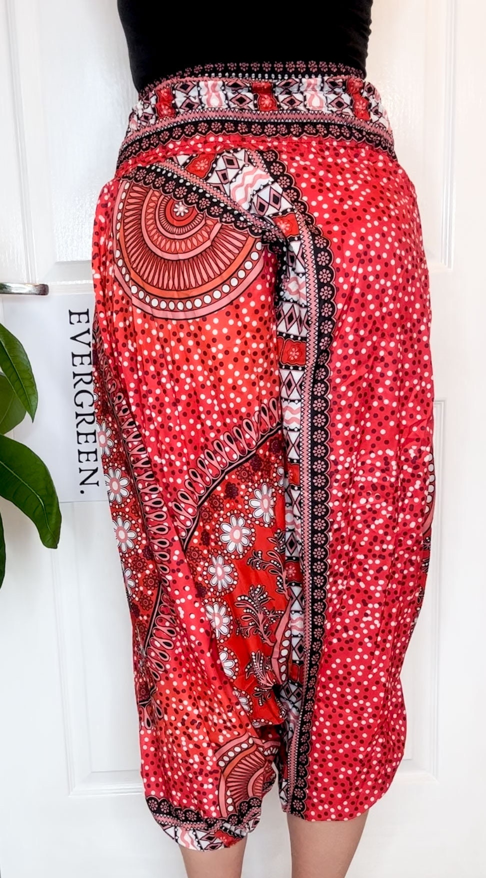 Red Ornate Print Elasticated Harem Boho Trouser Pants - One Size Fits Most