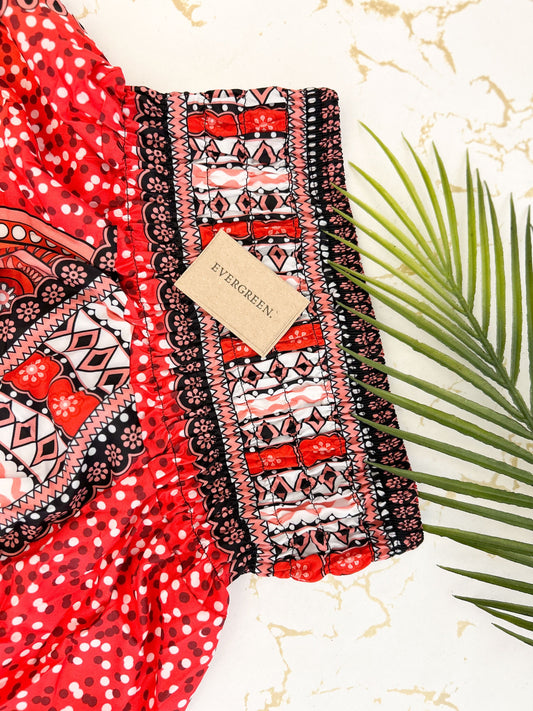 Red Ornate Print Elasticated Harem Boho Trouser Pants - One Size Fits Most