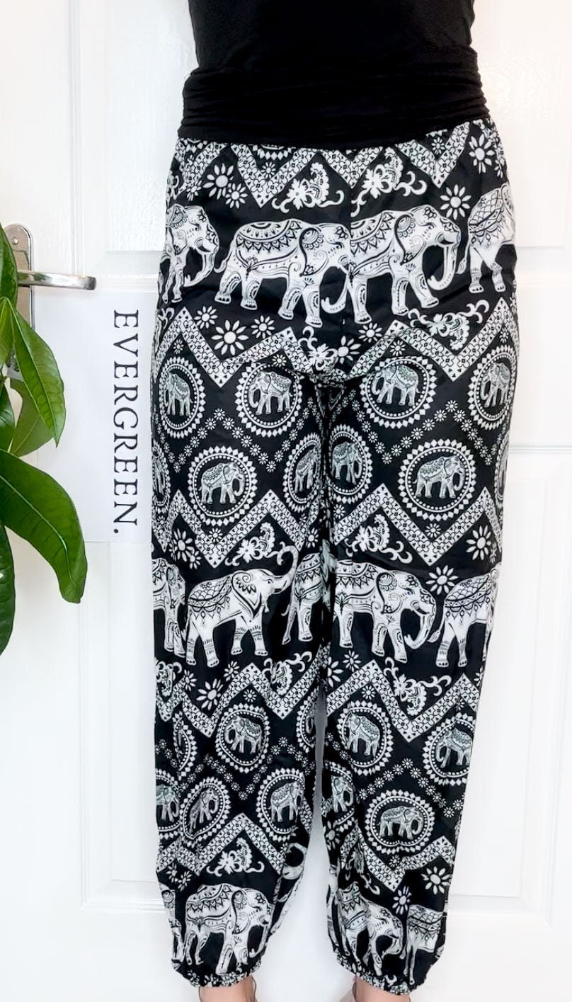 Blue / Black Ornate Elephant Print Elasticated Harem Boho Trouser Pants - One Size Fits Most
