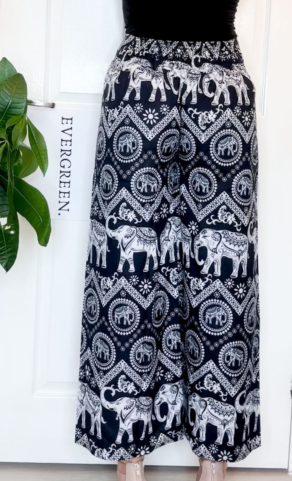 Blue / Black Ornate Elephant Print Elasticated Harem Boho Trouser Pants - One Size Fits Most