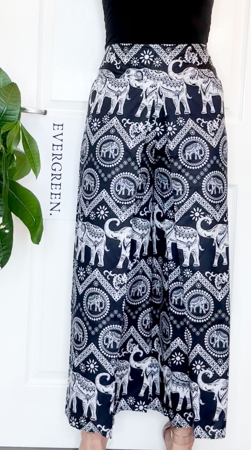 Blue / Black Ornate Elephant Print Elasticated Harem Boho Trouser Pants - One Size Fits Most