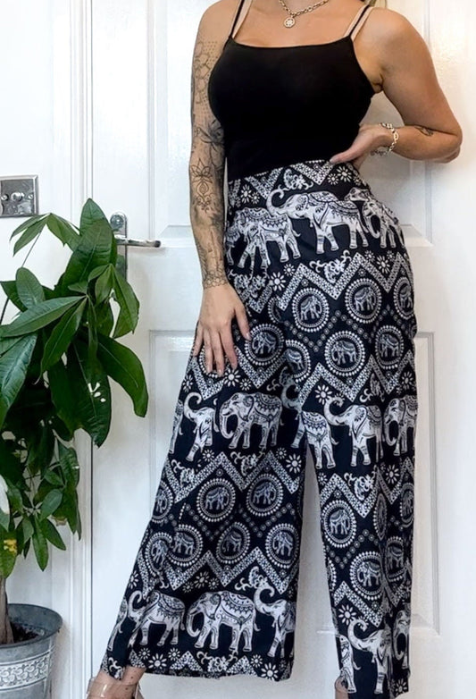 Blue / Black Ornate Elephant Print Elasticated Harem Boho Trouser Pants - One Size Fits Most