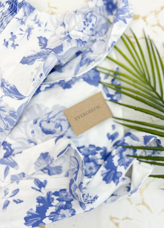 Blue & White Floral Shoulder Bow Tie Detail Maxi Dress