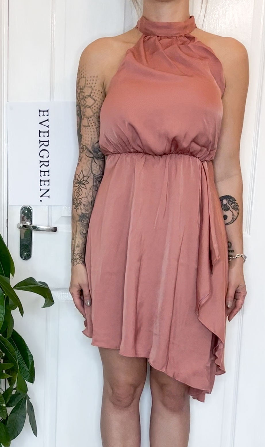 Rust / Peach / Pink / Orange High Neck Asymmetrical Mini-Midi Dress