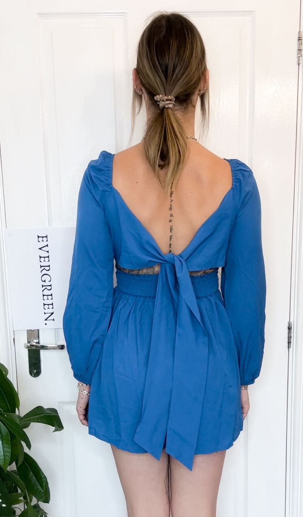 Blue Long Sleeve Open Back Bow Tie Mini Dress