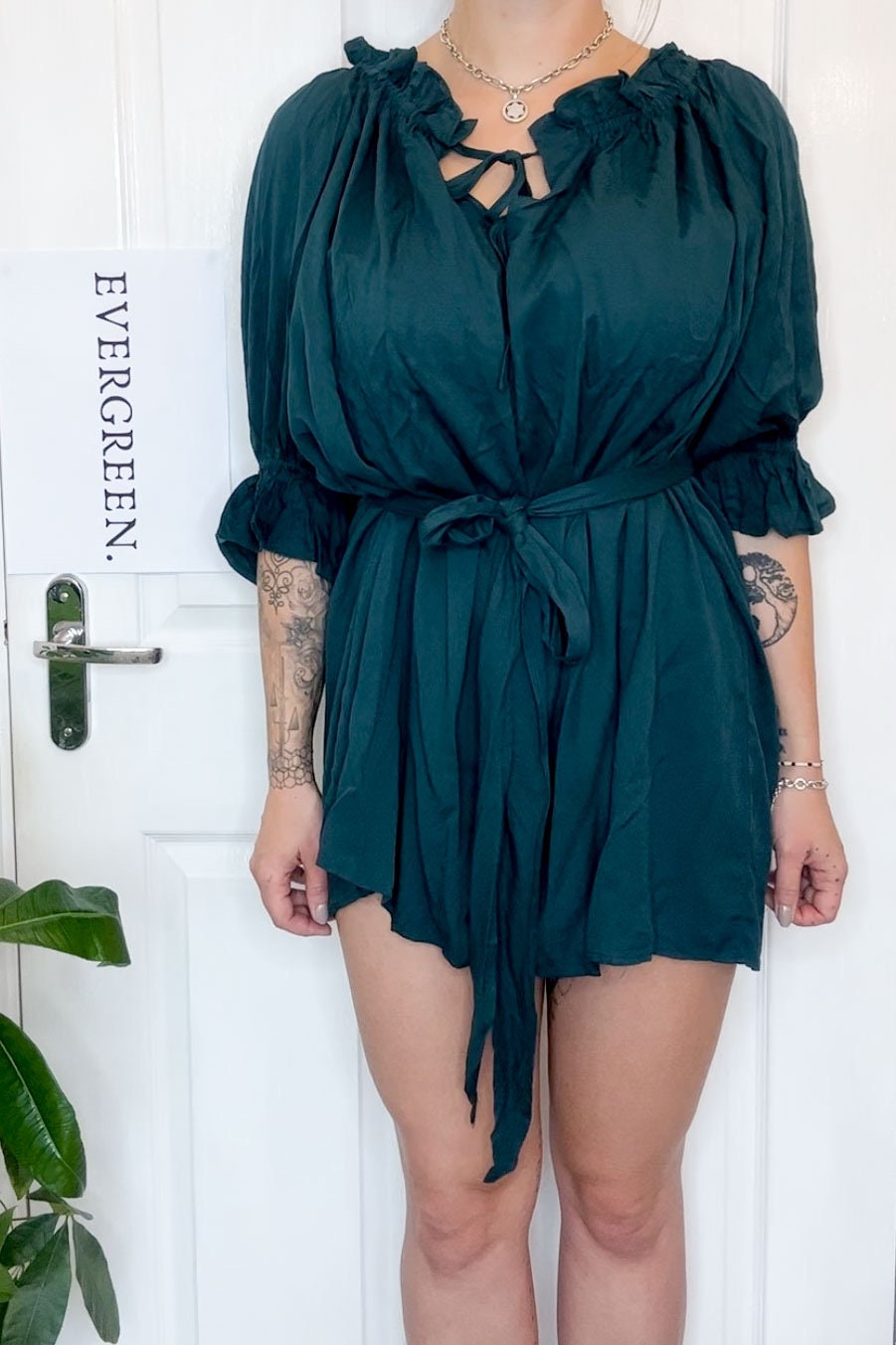 Dark Green / Blue Long Sleeve Frilly Mini Dress With Bow Tie