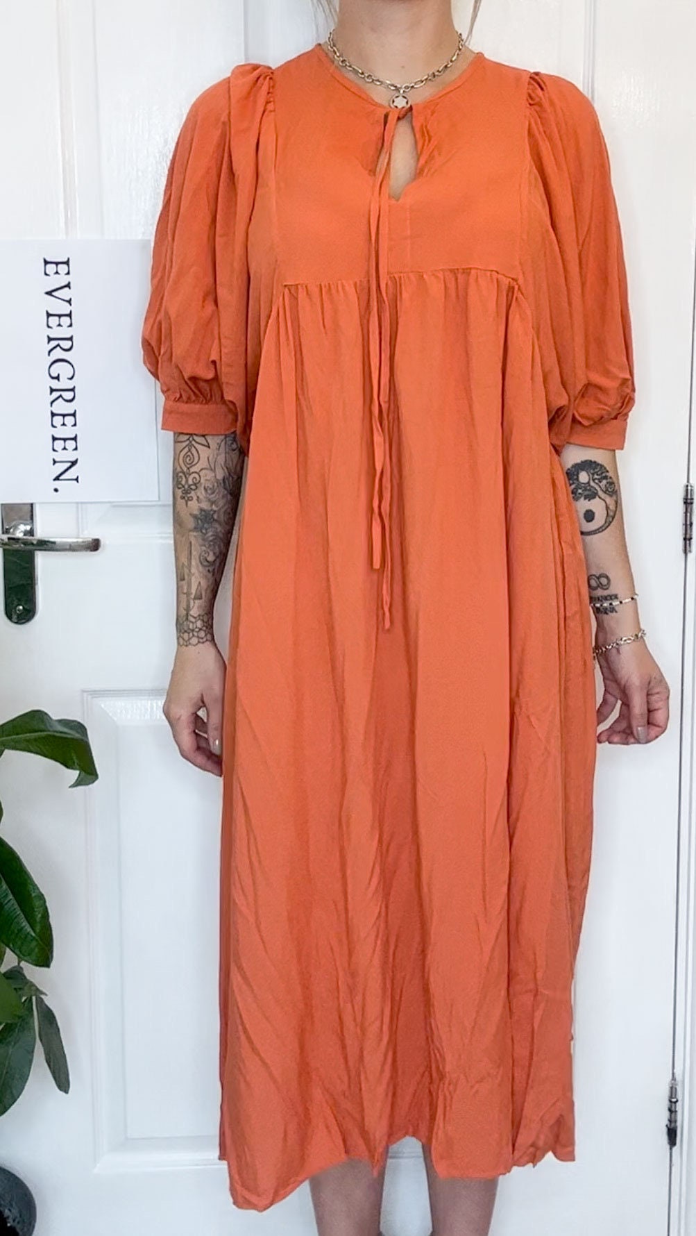 Orange / Brown Boho Loose Fit Midi Dress With Sleeves