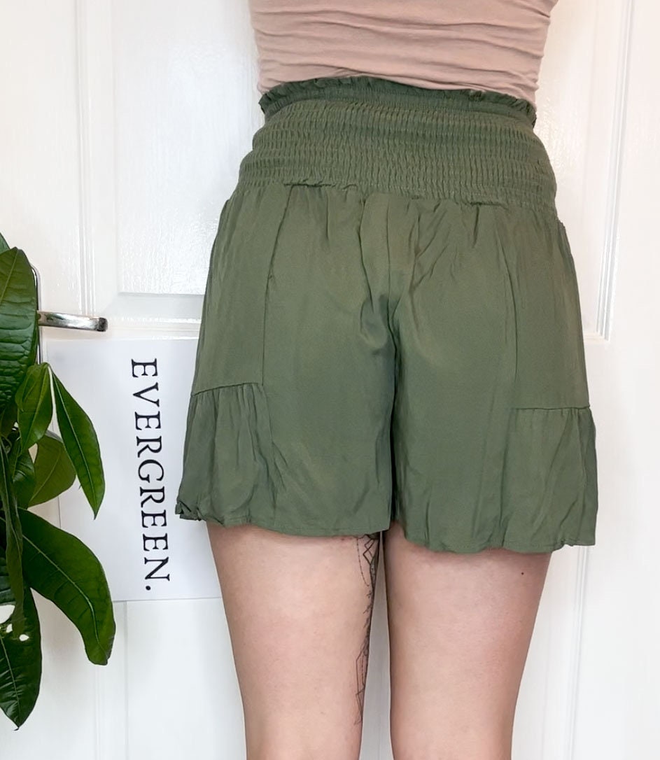 Dark Green / Khaki High Waisted Bow Tie Boho Shorts
