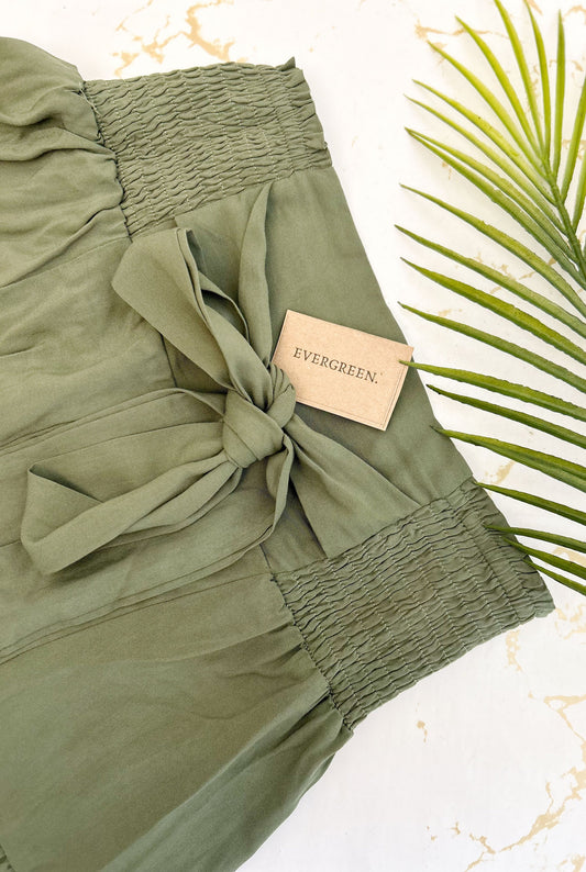 Dark Green / Khaki High Waisted Bow Tie Boho Shorts