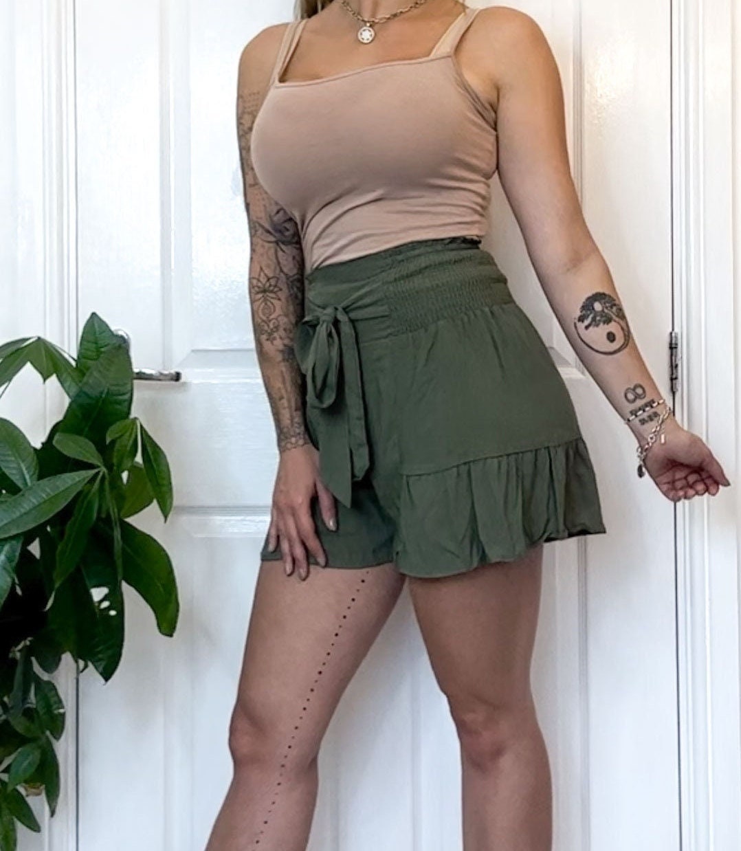 Dark Green / Khaki High Waisted Bow Tie Boho Shorts