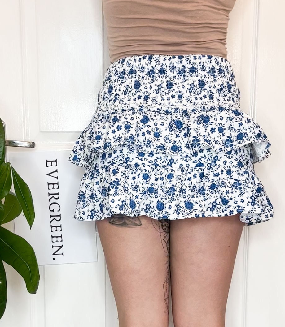 White & Blue Floral Boho Layered Mini Skort - Skirt Shorts