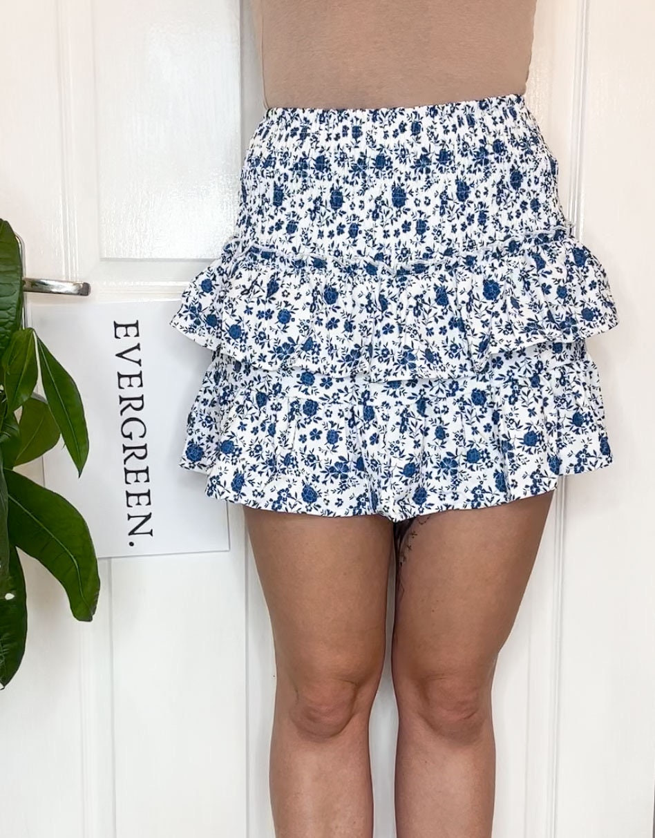 White & Blue Floral Boho Layered Mini Skort - Skirt Shorts