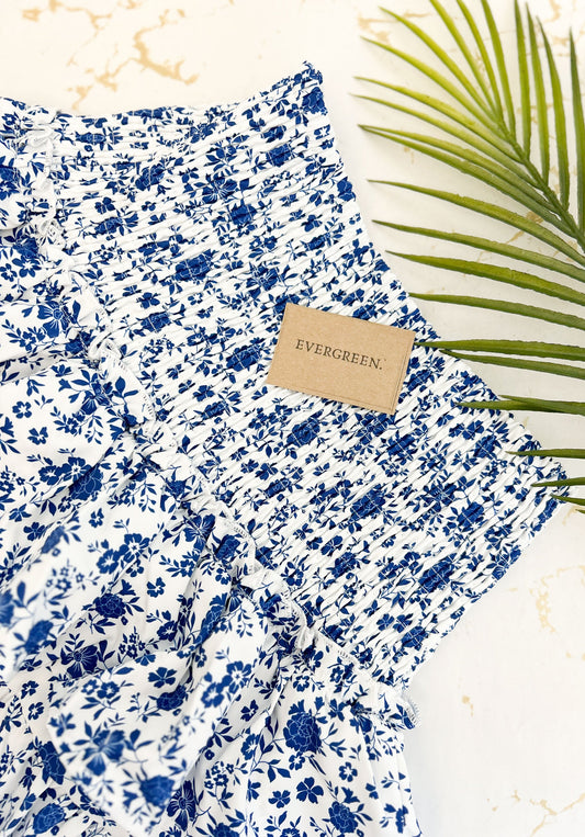 White & Blue Floral Boho Layered Mini Skort - Skirt Shorts