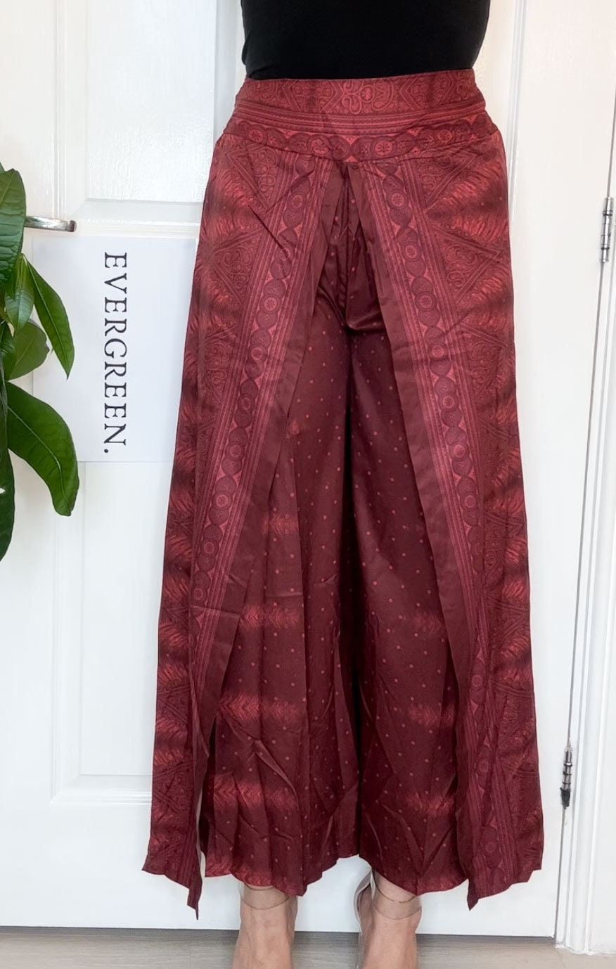 Dark Red Ornate Print Wrap Trousers Skirt