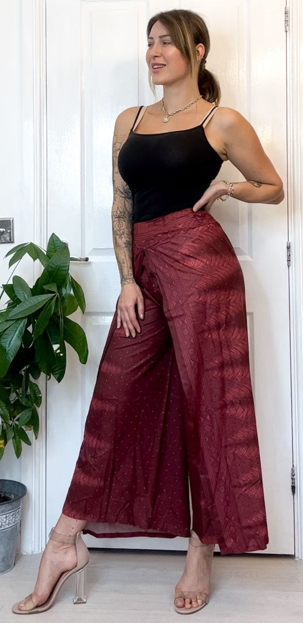 Dark Red Ornate Print Wrap Trousers Skirt