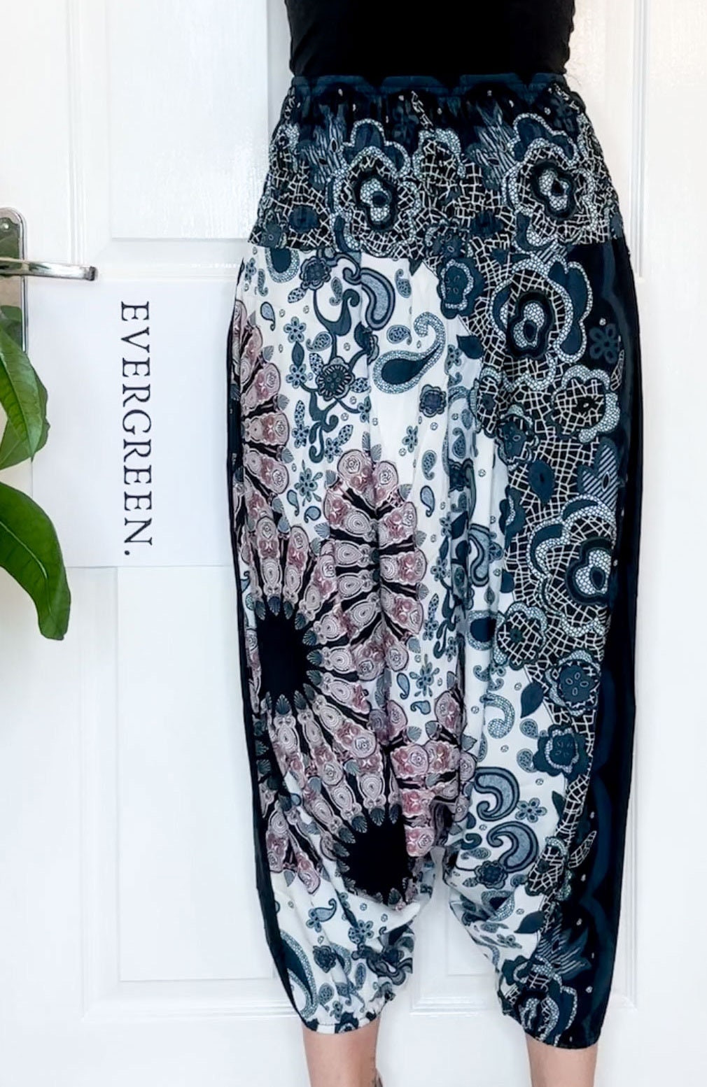 Blue & Red Ornate Print Elasticated Harem Boho Trouser Pants - One Size Fits Most